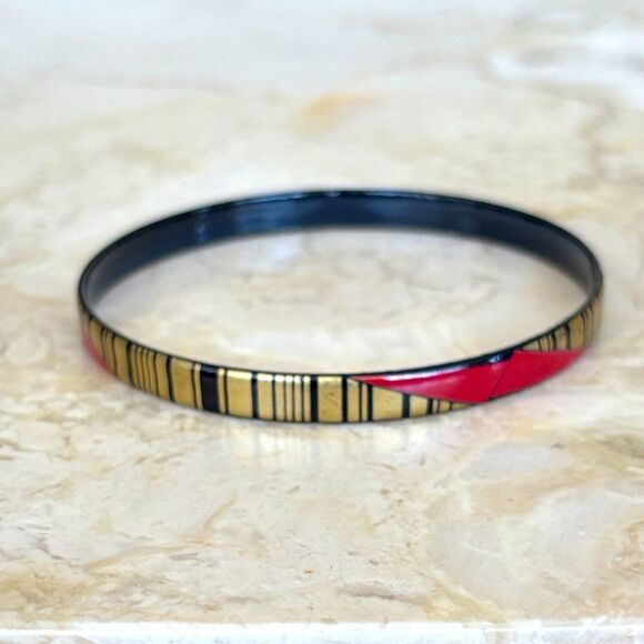 Vintage Steinbock Austria Red Black Enamel 24KT Gold Inlay Bangle Bracelet - Picture 3 of 11